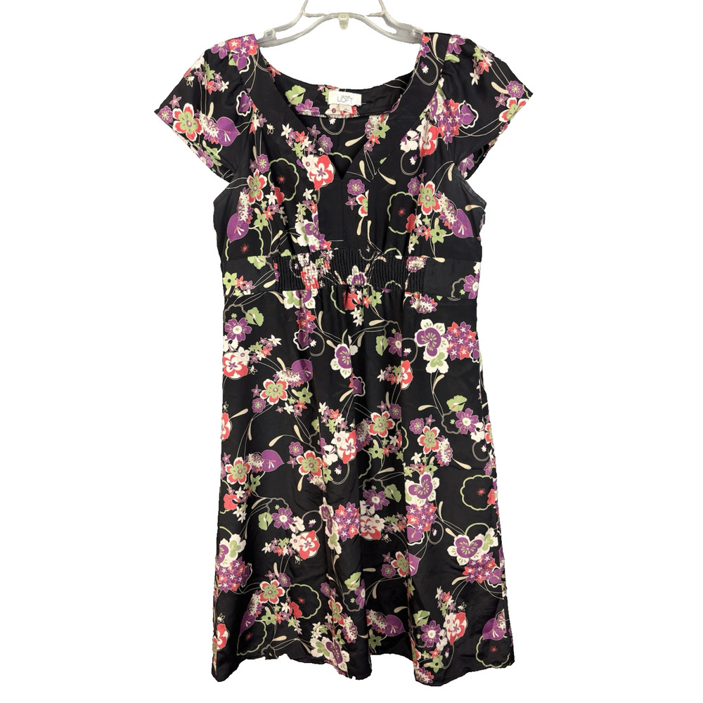 Ann Taylor Loft Empire Waist Dress Size 8 Black Short Sleeve V-Neck Floral Boho